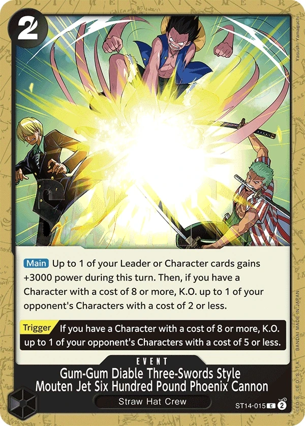 Gum-Gum Diable Three-Swords Style Mouten Jet Six Hundred Pound Phoenix Cannon (ST14-015) One Piece card